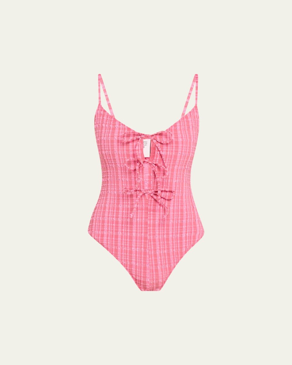 Striped Seersucker Three Tie One-Piece Swimsuit